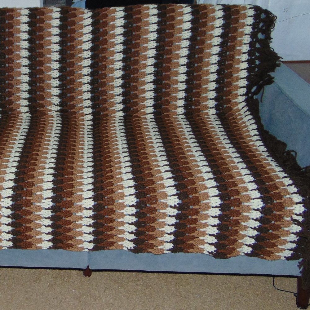 Vintage Afghan, Handmade, Shades of Brown, Beige and Ivory, 60 x76